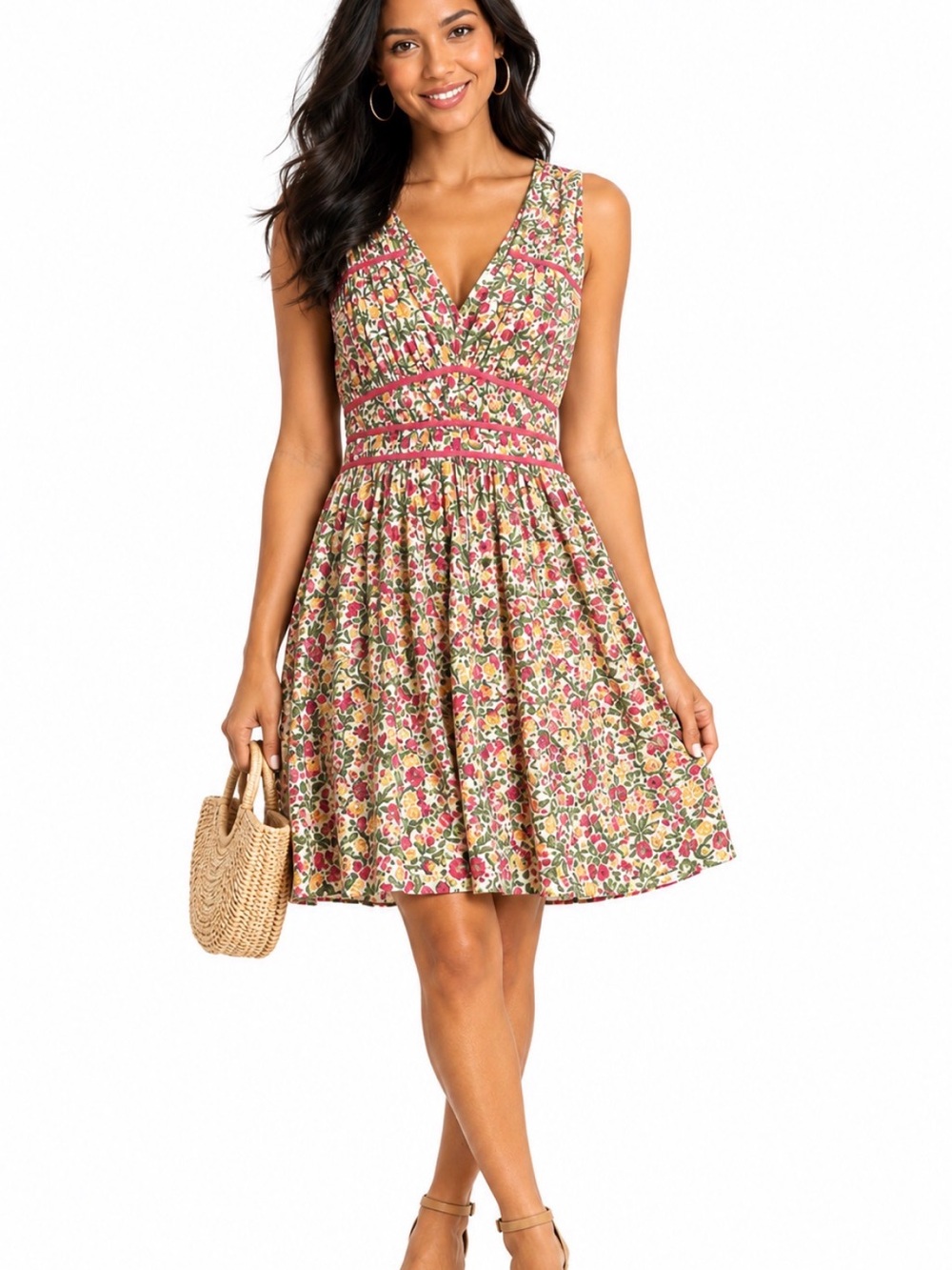 Floral V-Neck Sleeveless Fit & Flare Dress in Pink and Cream